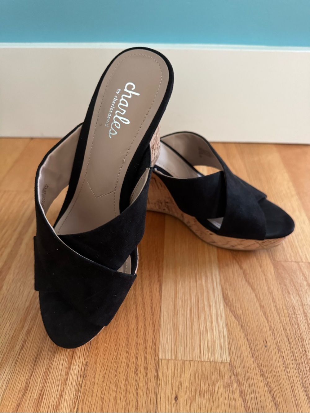 Charles By Charles David Black Faux Suede Cork Wedge Mules